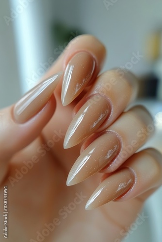 Elegant nude manicure featuring sharp almond shaped nails on a smooth surface