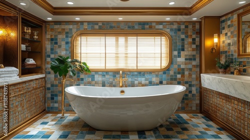 Elegant bathroom design with a modern freestanding tub and gold accents