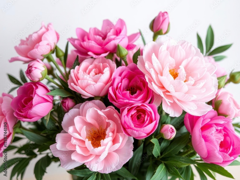 Arrangement of blooming pink peonies and roses on a white background with space for text, beautiful, pink, bloom Arrangement of blooming pink peonies and roses on a white background with space for text, beautiful, pink, bloom