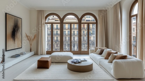 Modern minimalist living room with natural light and soft furnishings in an u...
