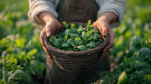 Hands holding a basket of freshly harvested potatoes in a lush garden setting