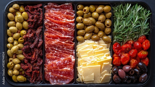 Platter filled with assorted meats, cheeses, and vegetables displayed on a wh...