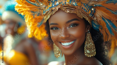 Smiling young woman with colorful headwrap and earrings against rustic wooden...