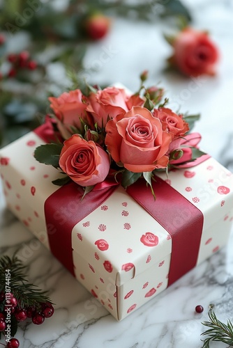 Beautifully wrapped gift box surrounded by red roses on a light background