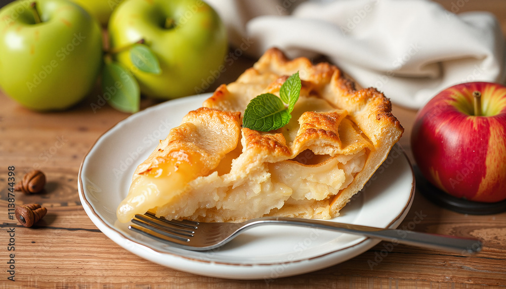 Delicious apple pie slice served on plate with fresh apples and mint leaves on wooden table Delicious apple pie slice served on plate with fresh apples and mint leaves on wooden table