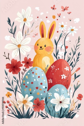 Cute bunny among colorful flowers and decorated eggs in a cheerful spring set...