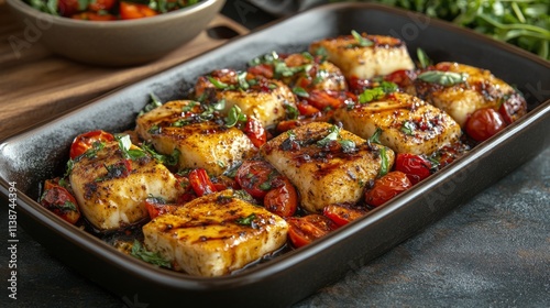 A chef skillfully arranges roasted tomatoes on a tray, adding a garnish of fr...