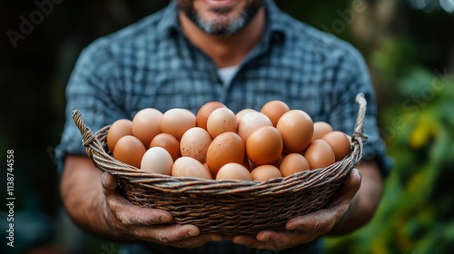 Farmer holds basket of freshly collected eggs in rural setting during daytime