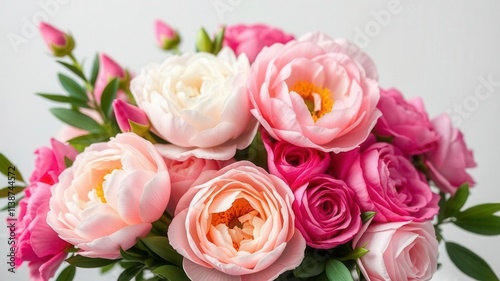 Fototapeta Naklejka Na Ścianę i Meble -  A vibrant bouquet of pink peonies and roses arranged beautifully with space for text, celebration, arrangement, bouquet
