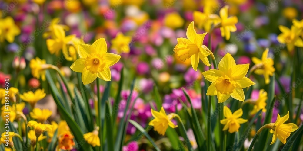 Obraz premium Beautiful daffodil flowers blooming in a vibrant field under the sun, yellow, seasonal