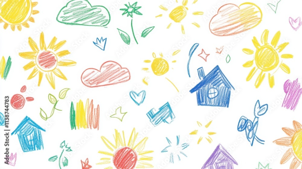 Naklejka premium Childlike Crayon Sun, House, Cloud Doodle Pattern