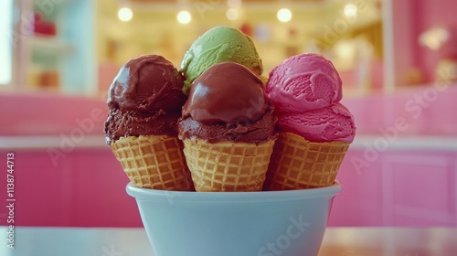 Colorful ice cream cones with vibrant flavors displayed on a gray background