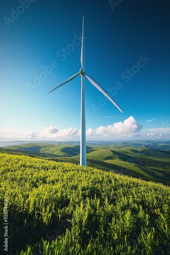 Wind turbines generating renewable energy in lush green landscape during morn...