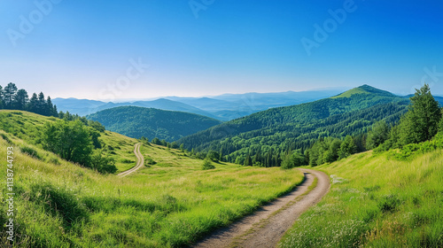 Winding Mountain Road with Lush Greenery on a Sunny Day