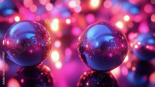 Colorful reflective spheres illuminated by vibrant light in a dynamic arrange...