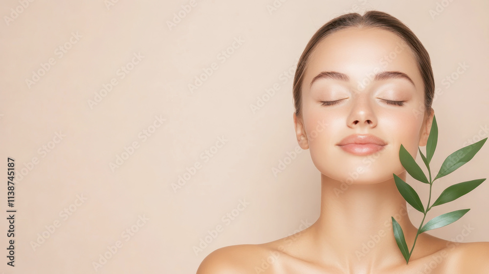 Woman with glowing skin enjoys a moment of tranquility with leaves Woman with glowing skin enjoys a moment of tranquility with leaves