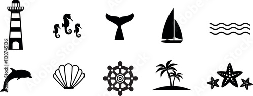 Nautical icons representing marine life and navigation elements. Illustration, vector