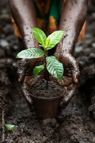 Person holds a small tree sapling in hands covered with soil during planting ...