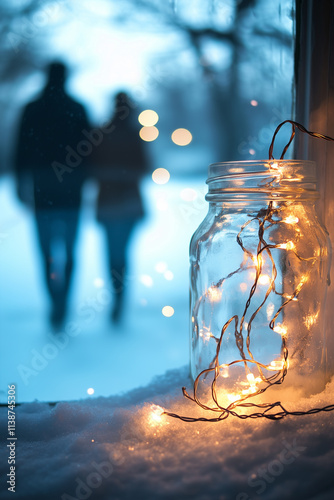 A glass jar filled with fairy lights filled with fairy lights, placed on a snow-covered windowsill, with the blurry outline of a couple walking hand in hand outside, dreamy and romantic mood