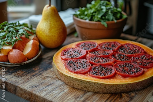 Fresh fruits and vegetables displayed on a wooden kitchen countertop with vib...