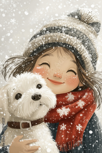 A cute girl and a dog in the Snow, cartoon clipart, close up