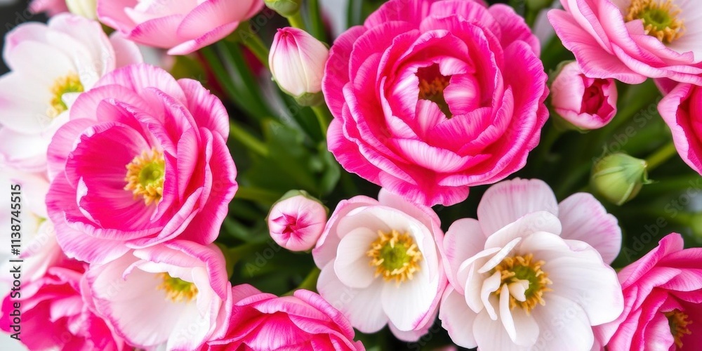 Obraz premium Close up of beautiful pink and white ranunculus flowers in full bloom, pink and white, fresh, petals