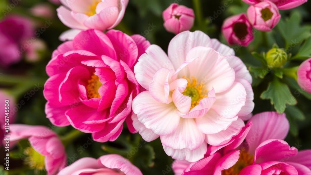 Close-up of beautiful pink and white ranunculus flowers in full bloom, pink, nature Close-up of beautiful pink and white ranunculus flowers in full bloom, pink, nature