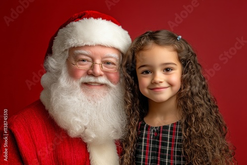 Cheerful noel, attractive child girl! copyspace. Isolated white child girl in holiday lap on red background. Christmas lap kid photo. Red photo santa portrait. Cute christmas kid idea. photo