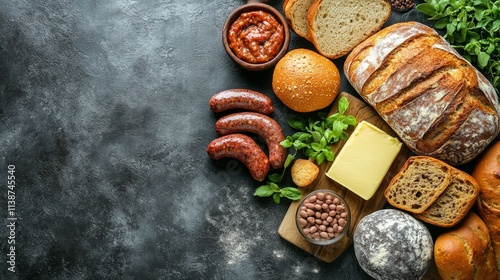 Assortment of fresh baked bread with butter, sausage, and grains on a wooden ...