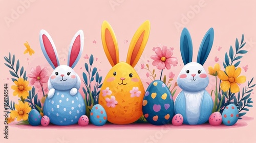 Cute bunnies and colorful eggs in a playful spring setting with a pastel back...