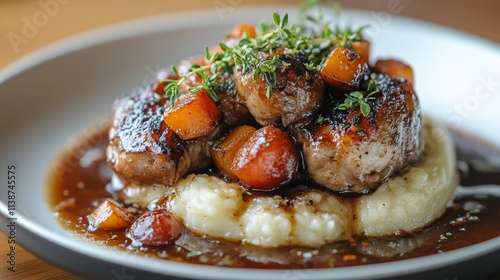 Delicious roasted meatballs with vegetables and herbs served on a white plate