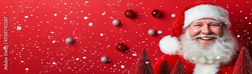 Santa Claus stands before a Christmas tree decorated with red balls, set against a Christmas-themed background.