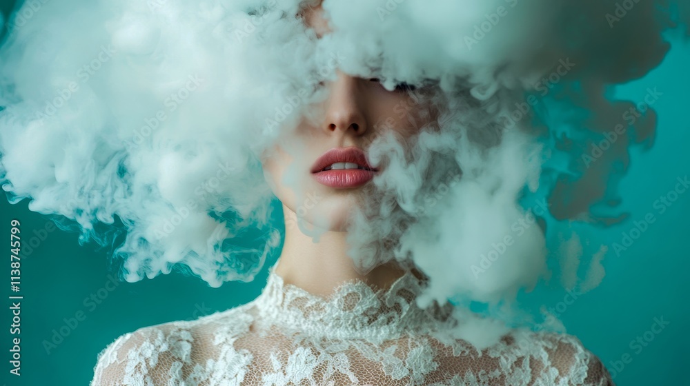 A woman in intricate lace attire is enveloped in an ethereal cloud of smoke, blending elegance with mystique in a dreamlike composition against a teal backdrop. A woman in intricate lace attire is enveloped in an ethereal cloud of smoke, blending elegance with mystique in a dreamlike composition against a teal backdrop.