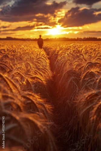 Farmer stands in golden wheat field during sunset reflecting on a bountiful h...