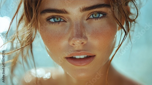 Close up of a young woman with dewy skin and striking blue eyes during natura...
