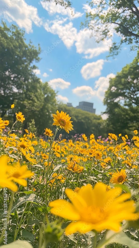 Obraz premium A vibrant field of yellow flowers under a bright blue sky.