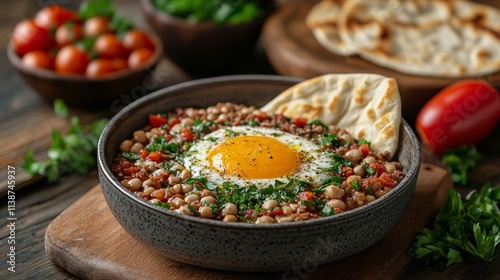 Flavorful traditional dish served with fresh herbs and bread on a wooden table