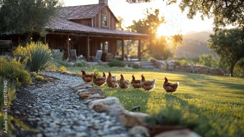 Chickens foraging in an autumn field near a rustic red barn surrounded by col...