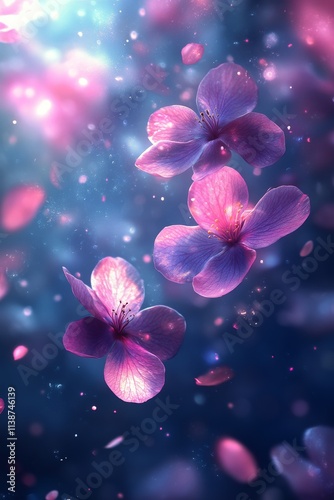 Pink flower petals floating in the air with soft bokeh background during spri...