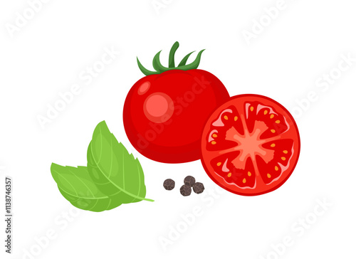 Tomato, green basil leaf and peppercorn isolated on white background. Vector cartoon flat illustration. Vegetables icon.