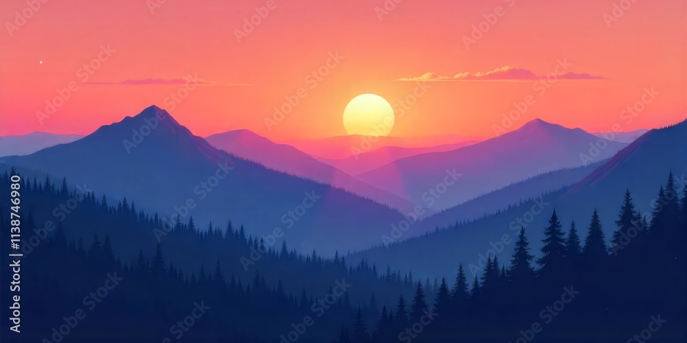 Obraz premium Colorful Mountain Sunset Silhouettes