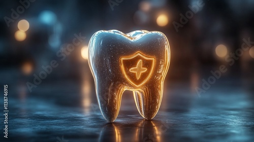 Tooth model with shield symbolizing protection and dental care in a modern de...