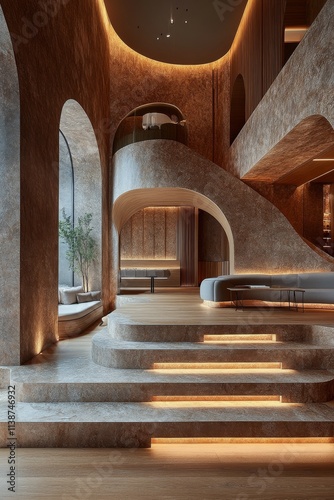 Modern interior design features soft curves and warm lighting in a spacious l...