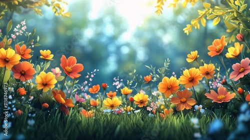 Vibrant wildflower meadow bathed in sunlight during a serene spring afternoon