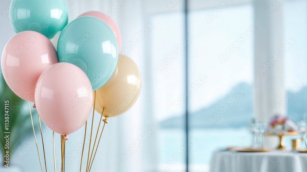 Pastel-colored balloons in a bright and airy room with a soft-focus background of a table setting