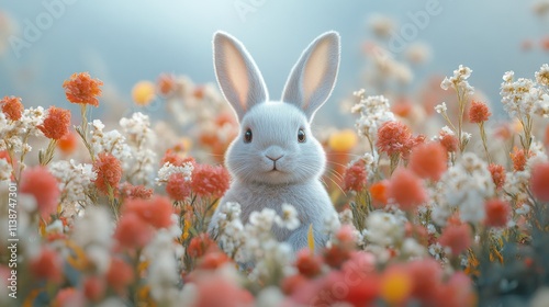 Cute rabbit surrounded by colorful flowers in a vibrant spring garden setting