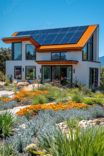 Contemporary home with solar panels and vibrant garden under clear blue sky