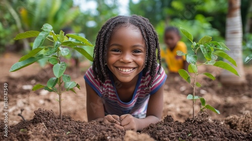 Children participating in community planting activity in lush green environment
