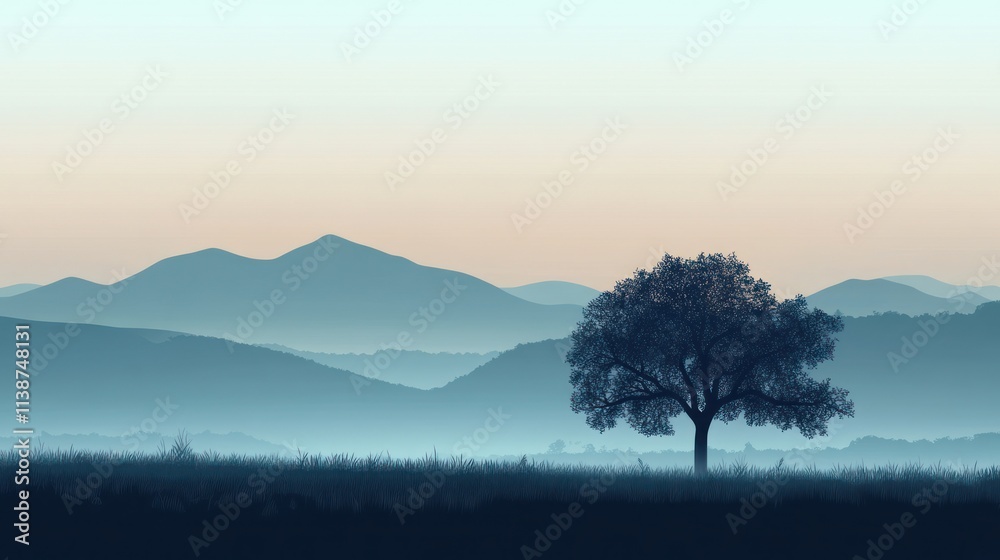 Solitary tree on misty field, mountain range background. Solitary tree on misty field, mountain range background.