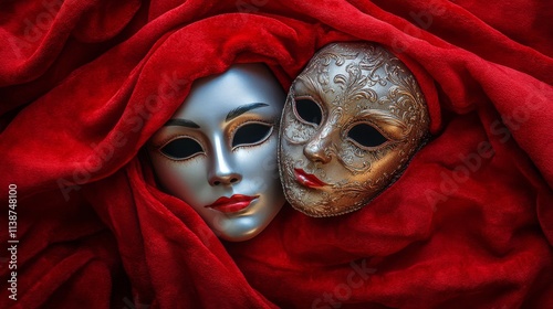 Two theatrical masks resting together on a vibrant red blanket symbolizing du...